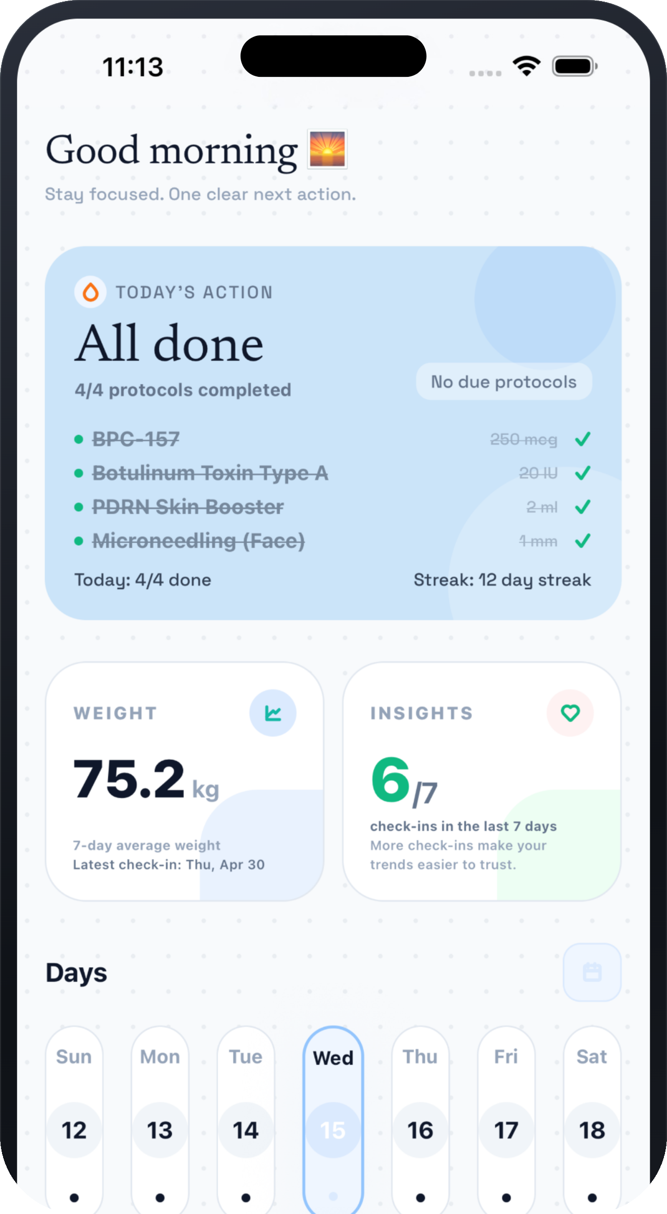 Dosefi home dashboard showing today's next action, weight, check-ins, and week activity